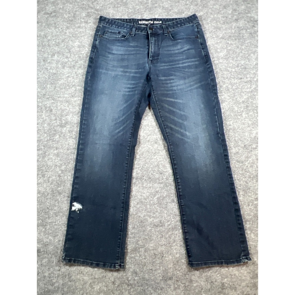 Kenneth Cole Straight Jeans Mens 34X30 Blue Denim Distressed Low Rise Whiskering
